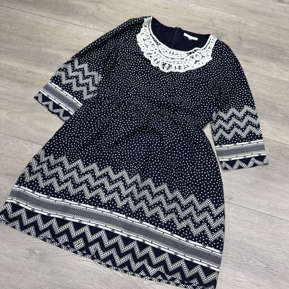 Skies Are Blue Women's Geometric Dress Sz S Polka Dot Zig Zag Cute Office Casual